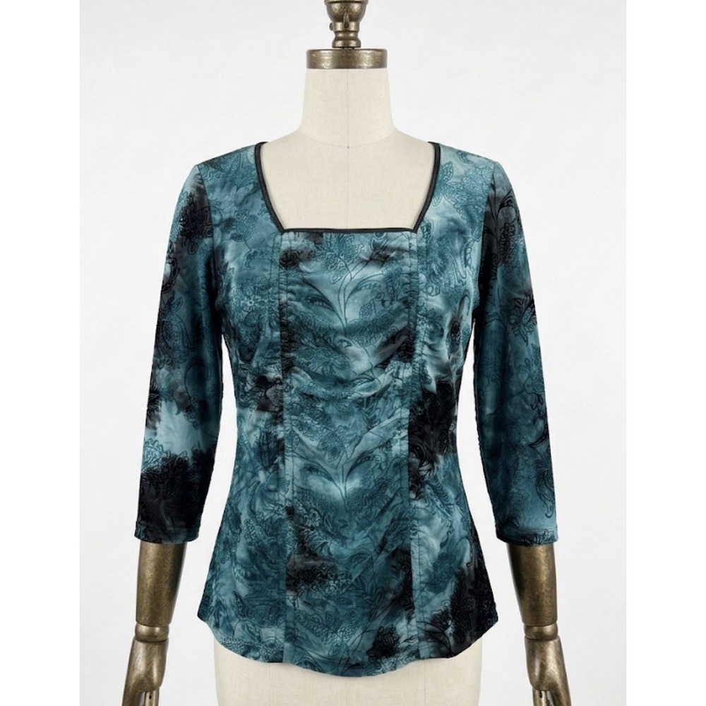 Sami & Jo Whimsigoth Burnout Top Teal Black Size L Ruched 3/4 Sleeve Witchy